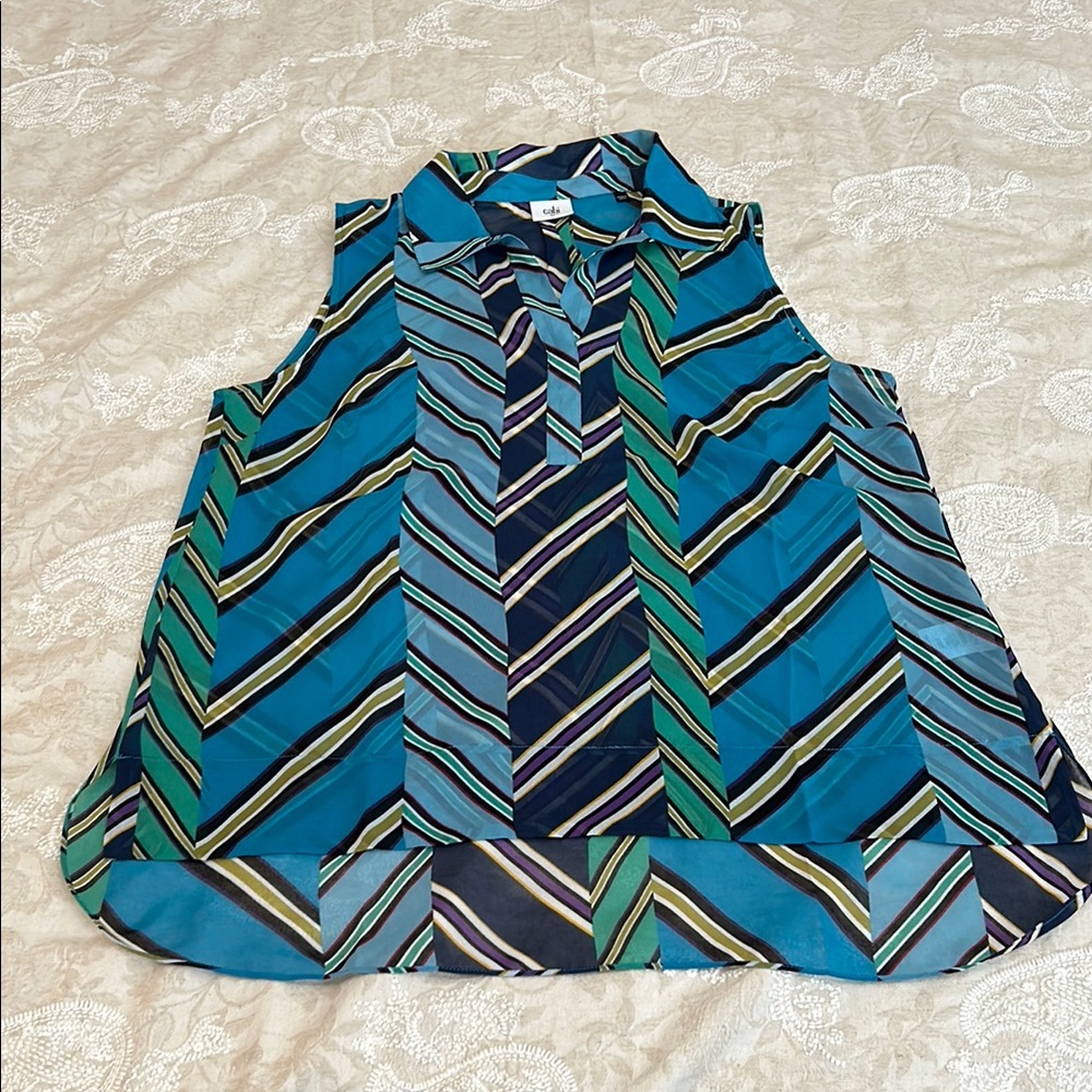 CAbi Sleeveless Chevron Stripe Blouse in Turquoise, Navy, Green - Picture 10 of 13